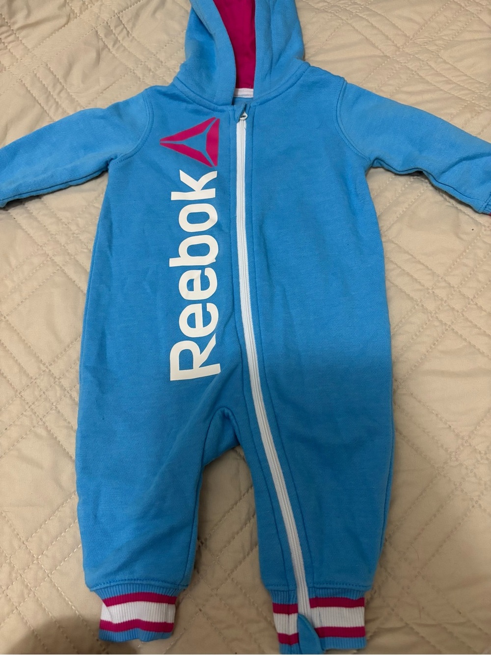 Reebok 3-6M Bright Blue Hooded Infant One-Piece with Pink Accents
